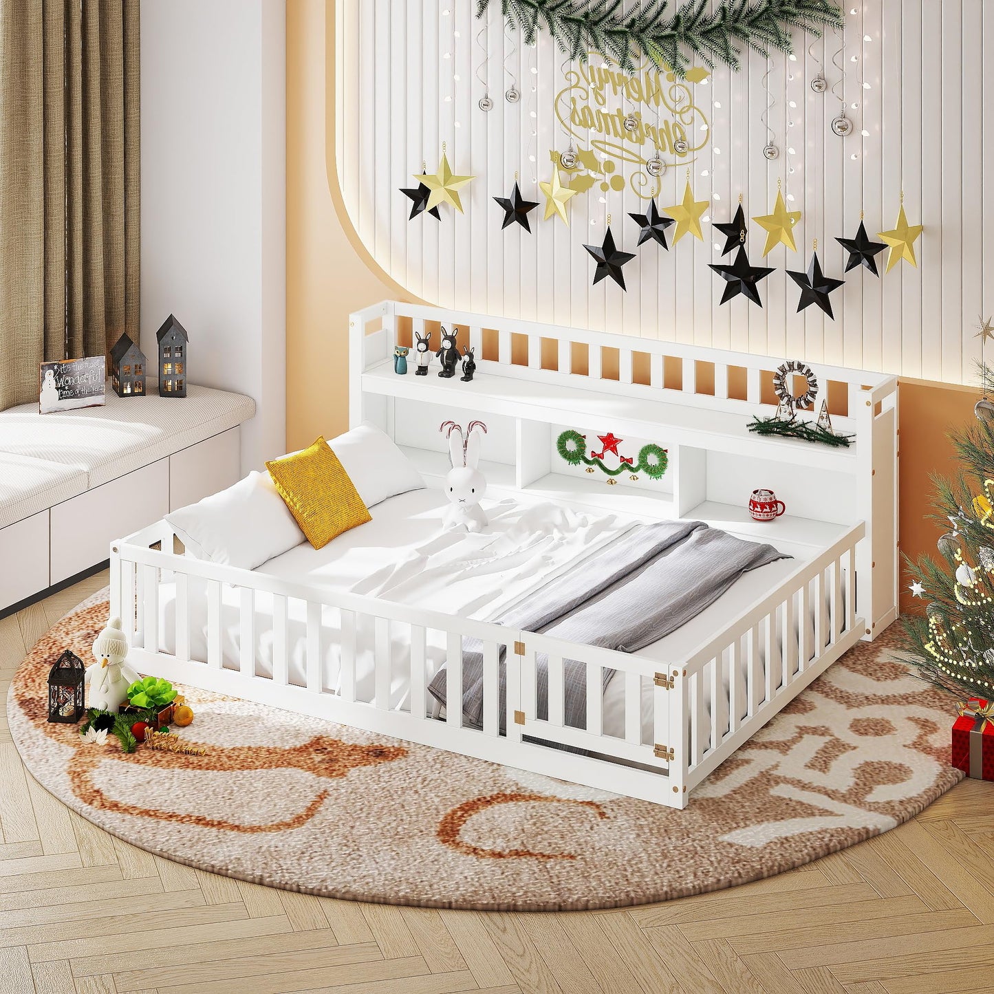mikibama Full Size Montessori Floor Bed with Bookcase for Kids, White