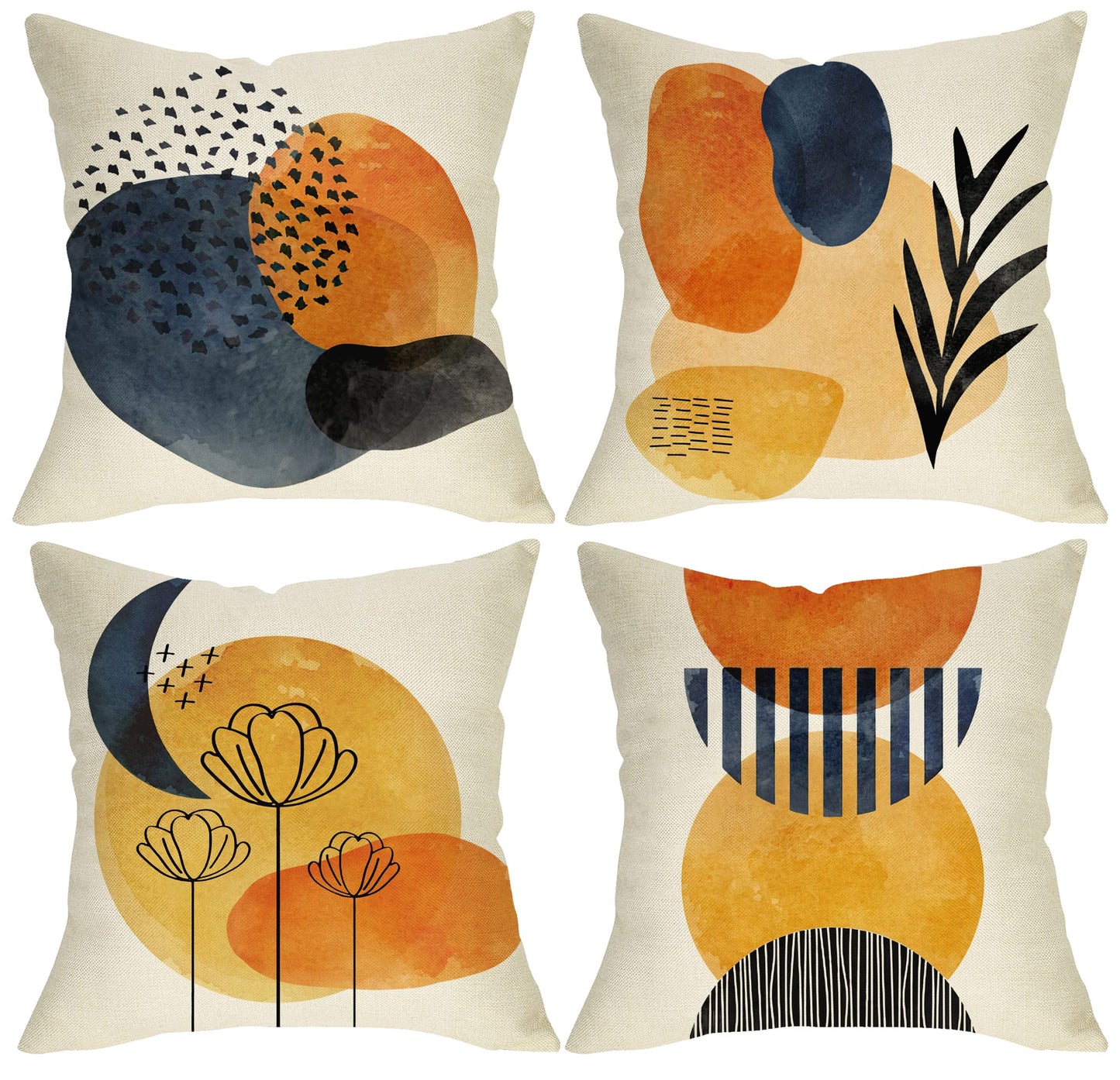 FBCOO Boho Abstract Modern Art Decorative 18 x 18 Throw Pillow Cover Set of 4, Minimalist Geometric Bohemian Sun Moon Decoration, Botanical Plant Square Pillowcase Cushion Case Sofa Couch Home Decor