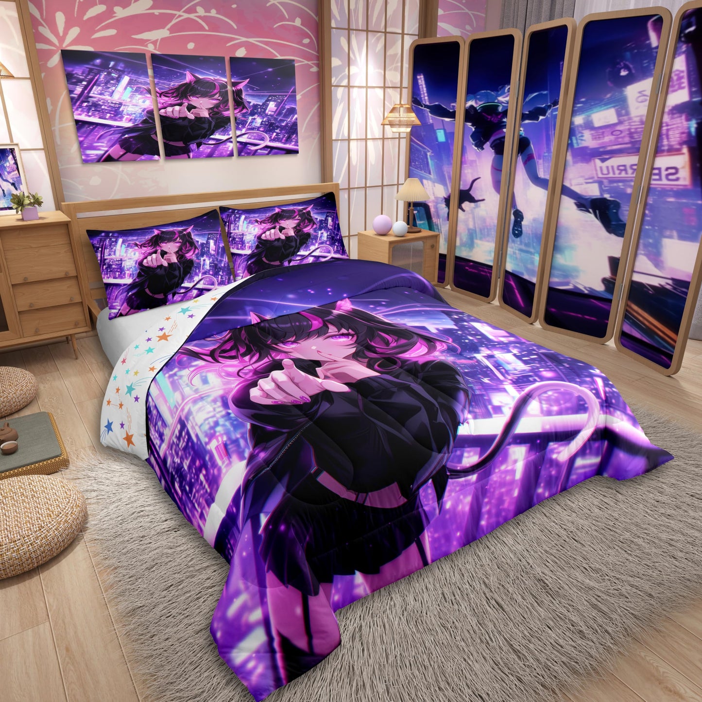 Erosebridal Kids Anime Girl Full Size Bedding Set, Japanese Anime Comforter Set, Cartoon Girl Duvet Insert for Boys Teens Bedroom Decor, Kawaii Japanese Animation Quilt with 2 Pillow Cases