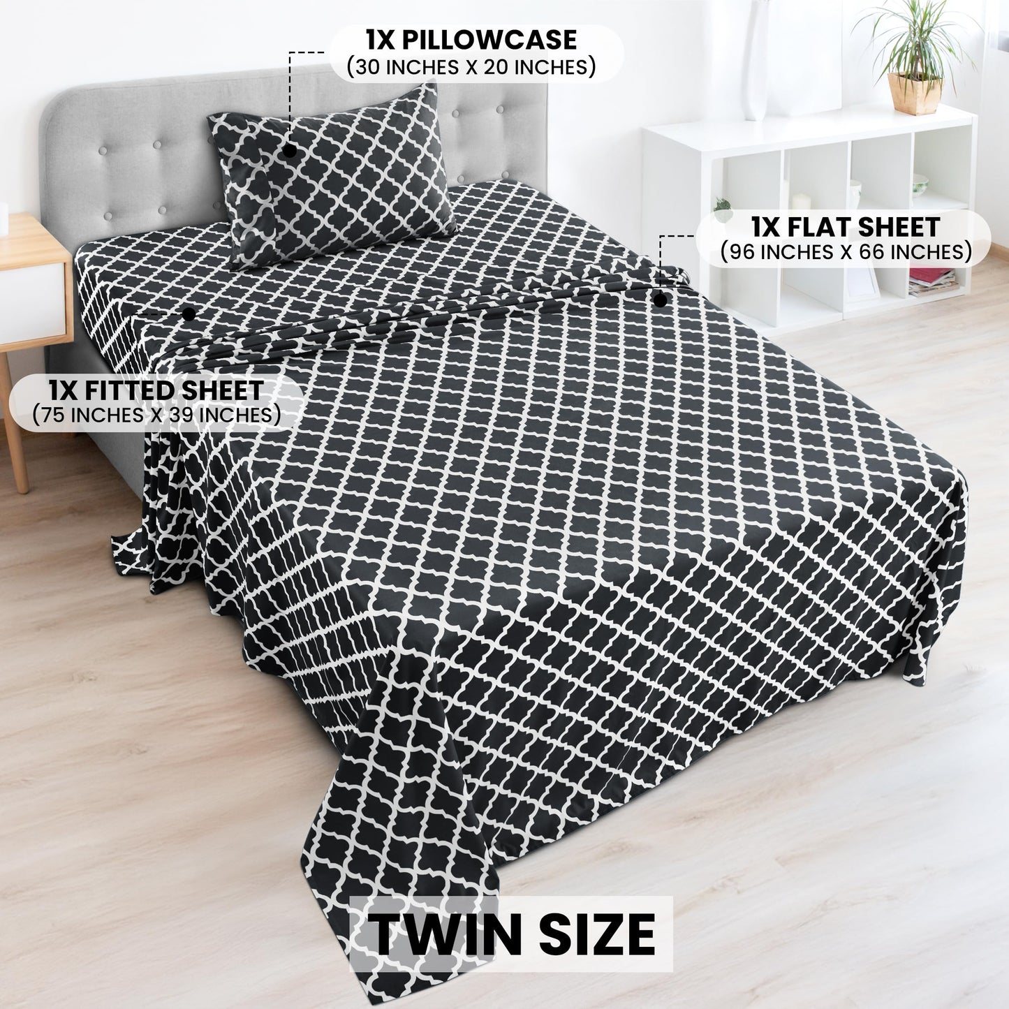LUX Décor Quatrefoil Twin Sheet Set - 3 Piece Ultra-Soft Microfiber Bed Sheets with Flat Sheet, 16 Inches Deep Pocket Fitted Sheet & Pillowcases, Breathable, Bedroom Decor, Oeko- - Black