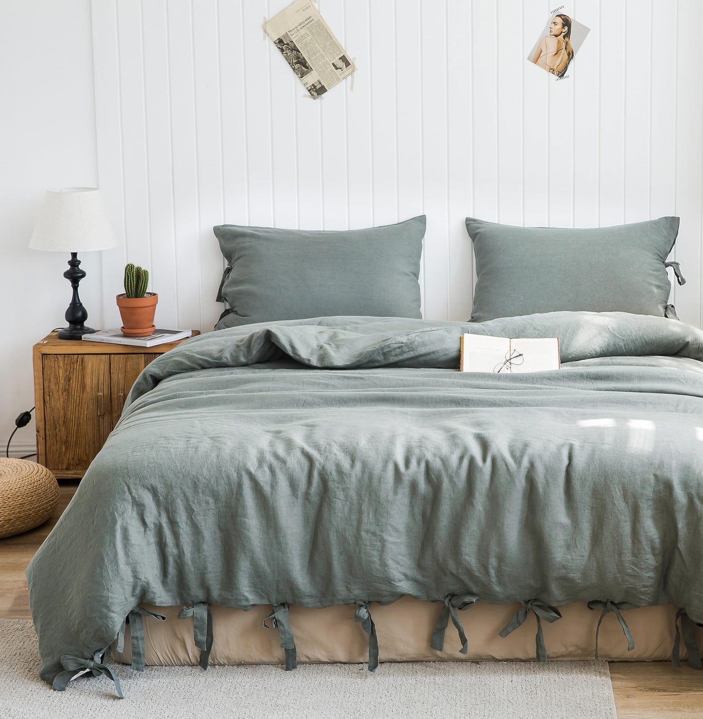 Simple&Opulence 100% Linen Duvet Cover Set, 3 Pieces Belgian Flax Breathable Bedding, King Size 104''x92'' (1 Comforter Cover+2 Pillowshams) with Tie Closure Style,Greyish-Green