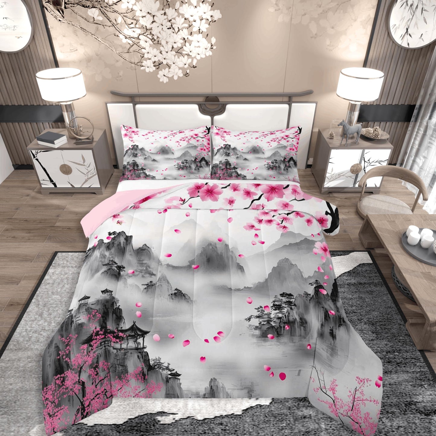 jejeloiu Chinese Ink Painting Comforter Set Queen Size Cherry Blossom Bedding Set for Kids Boys Girls Japanese Style Duvet Quilt Mountain Bedroom Decor Microfiber 3 Pcs with 2 Pillow Cases