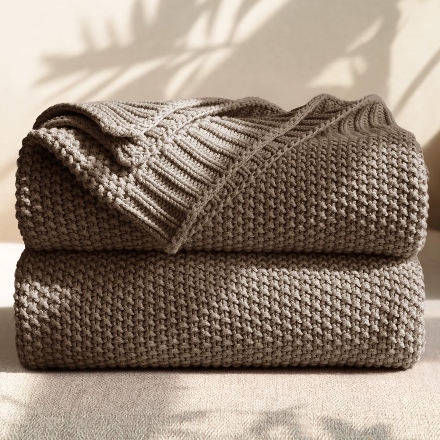 blunique 100% Cotton Cable Knit Throw Blanket, Lightweight Soft Knit Blanket for Sofa Couch Bed, Breathable All-Season Throw, Cozy Decorative Blanket, 50 x 60 Inch,Taupe