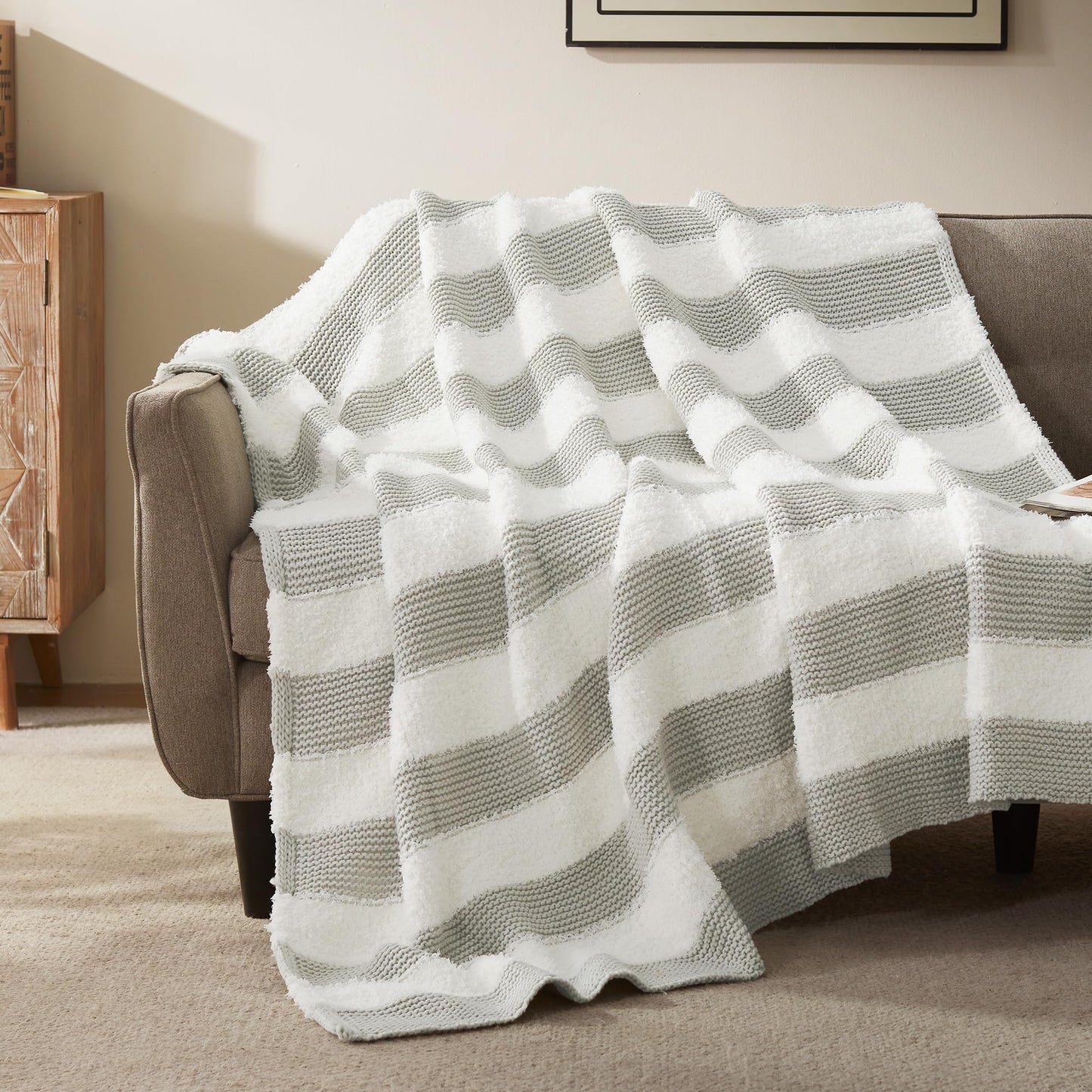 SLEEP ZONE Patchwork Throw Blanket for Couch, Chunky Knit Warm Cozy Decoration Blankets for Living Room Sofa Chair Bed 60"x80", Gray and White