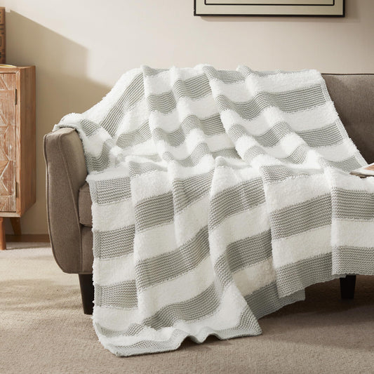 SLEEP ZONE Patchwork Throw Blanket for Couch, Chunky Knit Warm Cozy Decoration Blankets for Living Room Sofa Chair Bed 60"x80", Gray and White