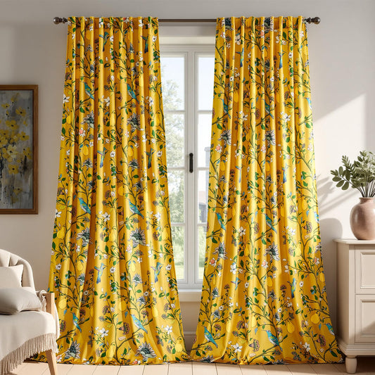 Mustard Yellow Luxury Velvet Floral Curtains 84 inches for Living Room,Vintage Victorian Botanical Blackout Curtain Drapes,2 Panels Mid Century Art Deco Bird Flower Window Curtains for Bedroom