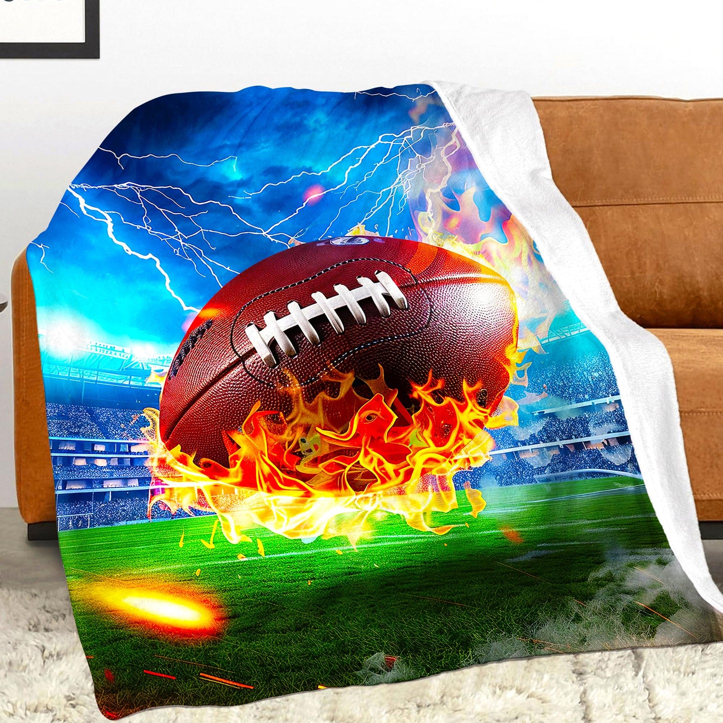 Football Blanket for Kids Adults, Super Soft Funny Cool Fire Blue Field Football Sport Throw Blanket Gifts for Kids Boys Girls Men Women, Warm Cozy Fuzzy Plush Fleece Flannel Blankets 50"x40"