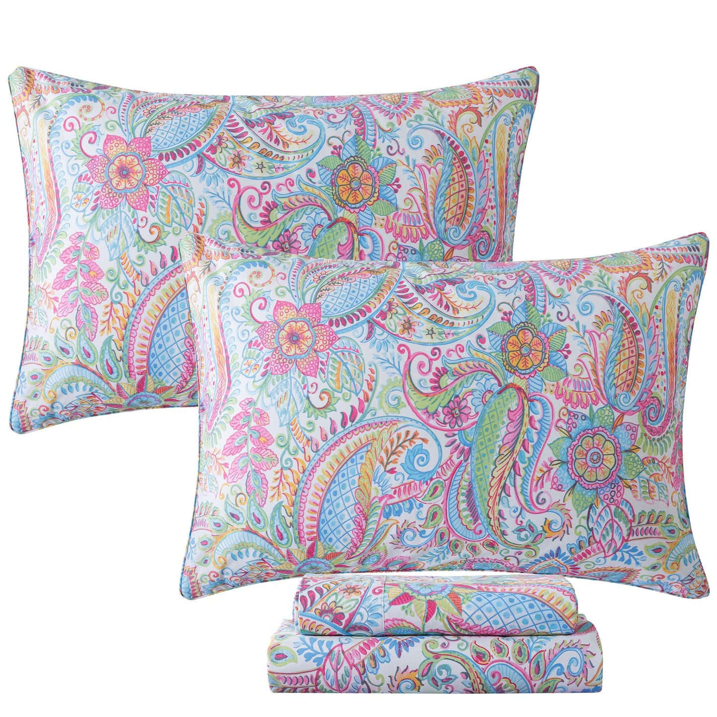 FADFAY Paisley Sheets Set Full Bohemian Damask Paisley Bedding Luxurious Boho Pink Paisley Bed Sheet Set Breathable Cotton Ultra Soft 17.5'' Deep Pocket Fitted Sheet 4Pcs, Full Size