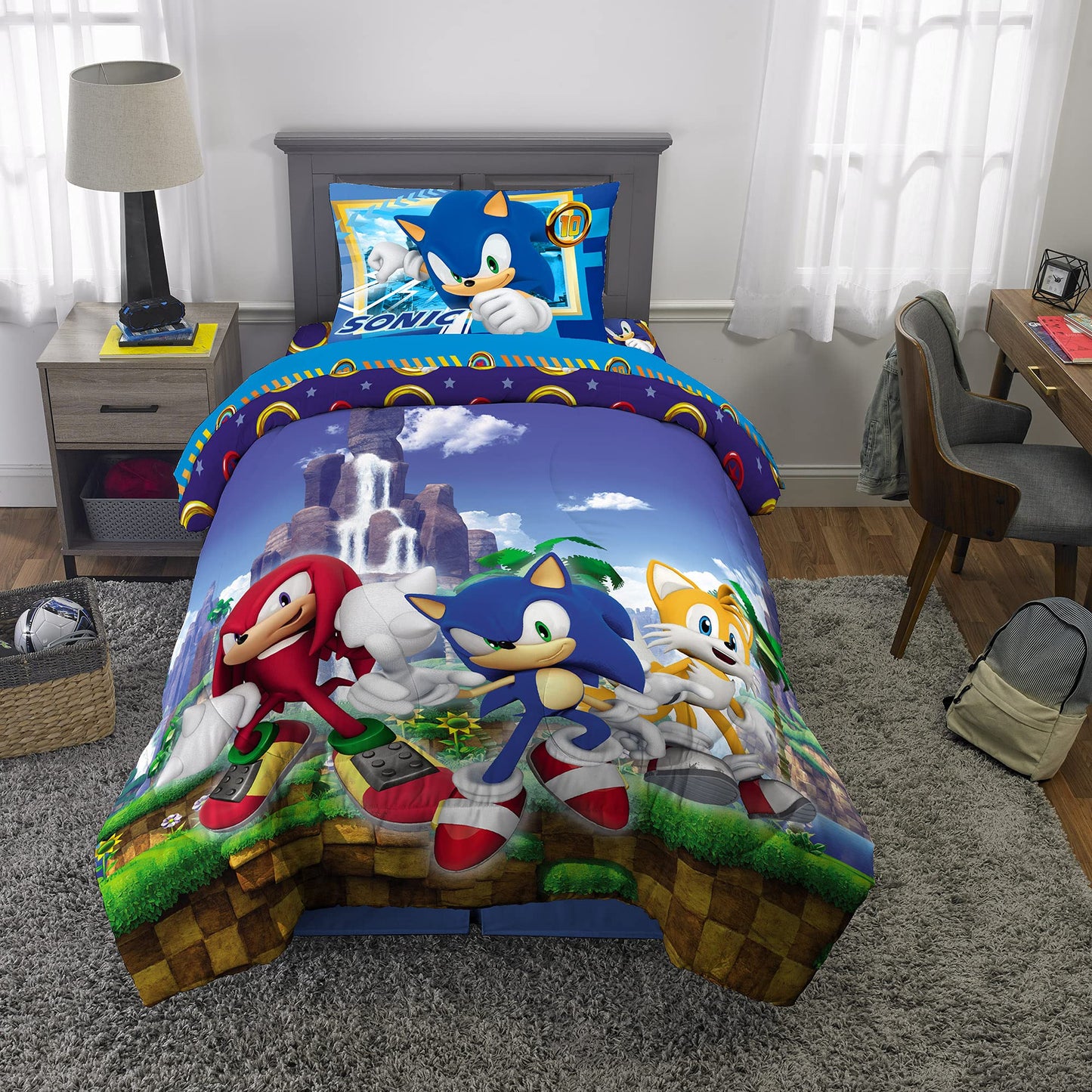Franco Kids Bedding Super Soft Comforter and Sheet Set, 4 Piece Twin Size, Sonic The Hedgehog, Anime
