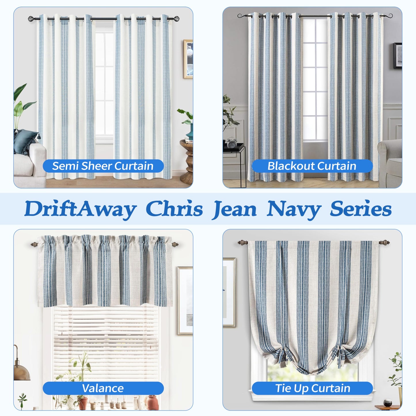 DriftAway Chris Double Layer Linen Blackout Tie Up Curtains Thermal Insulated Fully Lined Vertical Striped Balloon Roman Shade Bathroom Window Adjustable Rod Pocket 45 Inch by 63 Inch Jean Navy