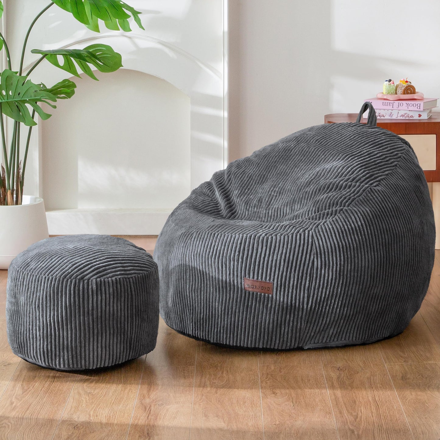 MAXYOYO Kids Bean Bag Chair with Ottoman, Soft Floor Bean Bag Sofa, Dark Grey