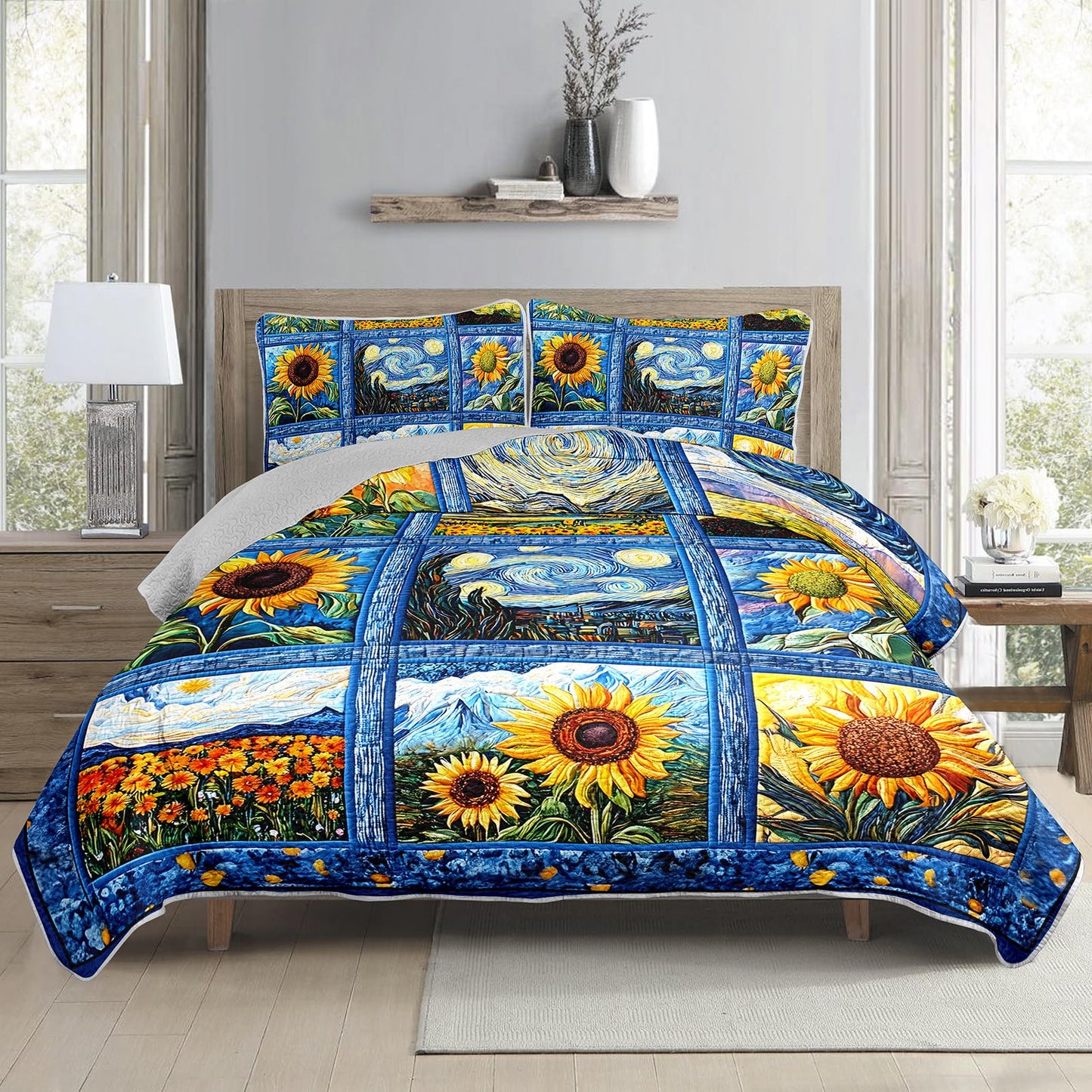 QOOMO Cartoon Sunflower Kids Quilt Set,Flores Print Bedding Set,Blue Room Decoration Soft and Lightweight for All Seasons Twin Size,1 Quilt Set 2 Pillowcases