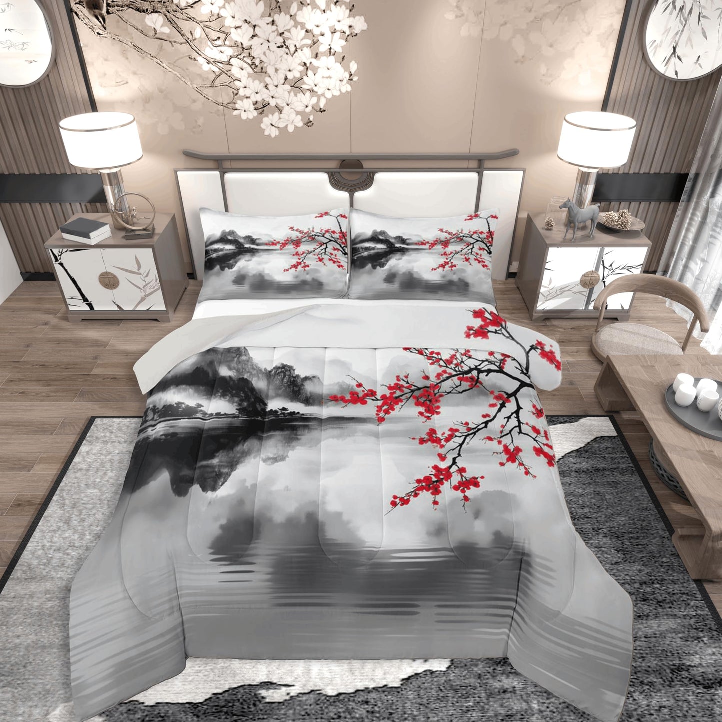 jejeloiu Chinese Ink Painting Comforter Set All Season Cherry Blossom Bedding Set with 2 Pillow Cases Mountain Microfiber Kids Queen Bedclothes Japanese Style Bedroom Decor Duvet Quilt Breathable Soft