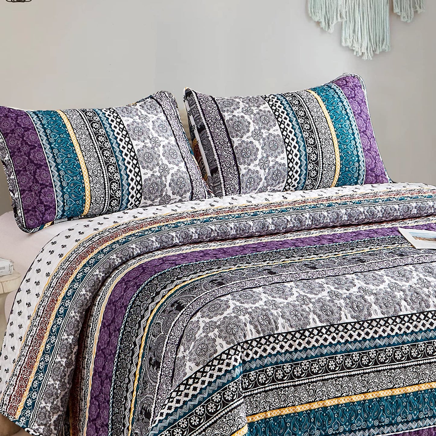 WONGS BEDDING Boho Quilt Set King Size, Purple Bohemian 3 Pieces Quilt Sets, Lightweight Bedspread Coverlet Bedding Set for All Season (103"x90")