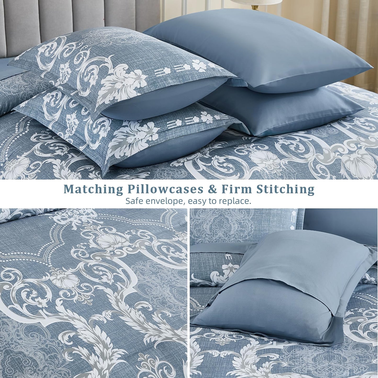 Mybedsoul Bluish Grey Queen Comforter Set, 7 Pieces Boho Bed in a Bag for Queen Bed, Damask Comforter with Sheets Pillowcases, Soft Microfiber Lightweight Bedding Sets for All Season(90"x90")