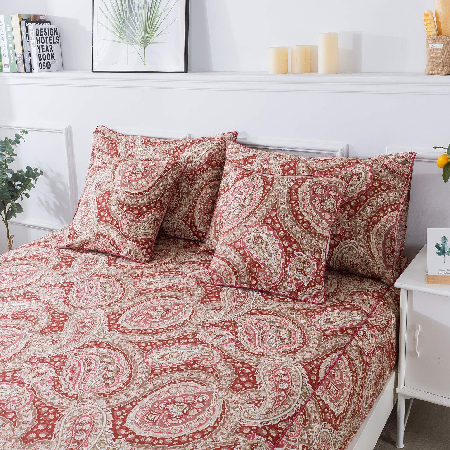 FADFAY Luxury Paisley Sheets Set King Classy Red and Gold Floral Farmhouse Bedding Elegent Red Paisley Bedding Set 100% Cotton Super Soft Hypoallergenic Deep Pocket Fitted Sheet 4-Pieces, King Size