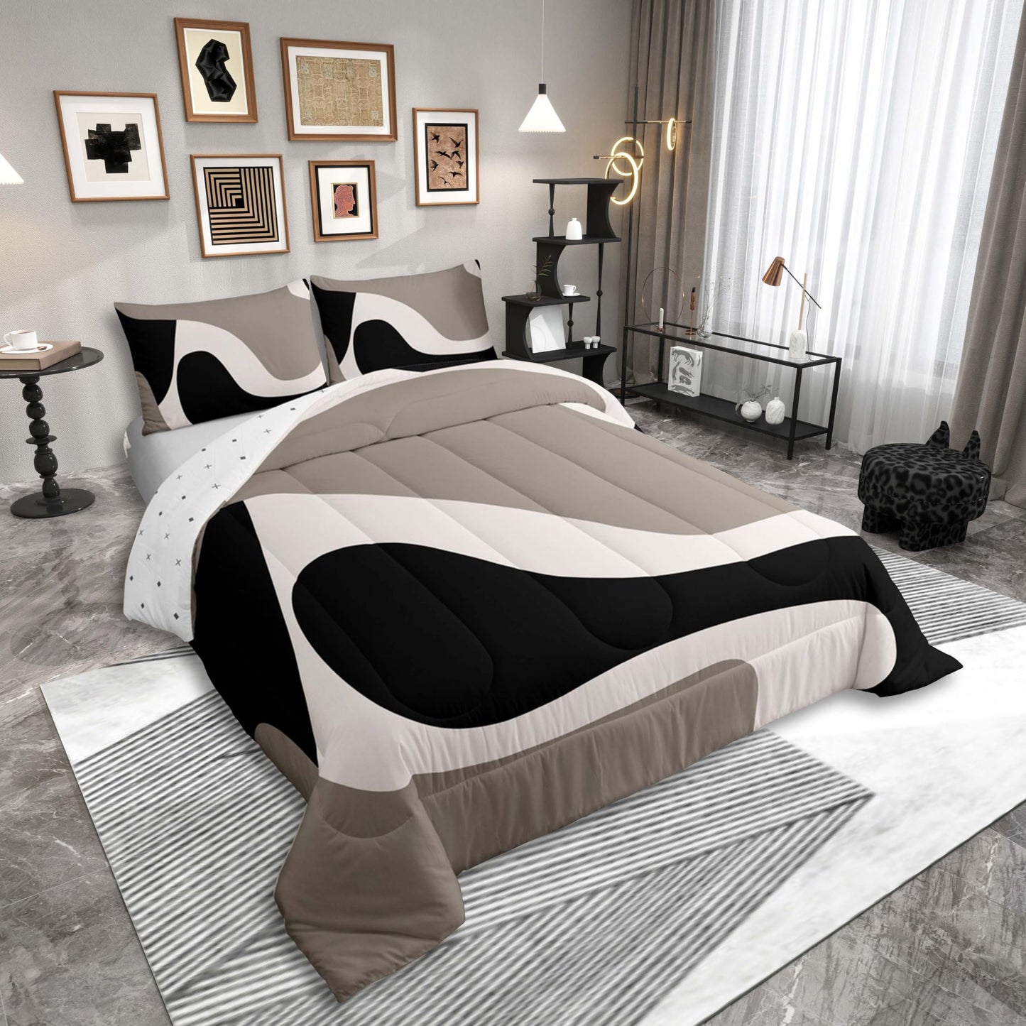 Erosebridal Black Beige Striped Comforter Set Queen Size,Boho Modern Geometric Abstract Bedding for Women Men Adults, Stripes Bold Lines Quilt,Minimalist Stylish Art Bedding Comforter Sets