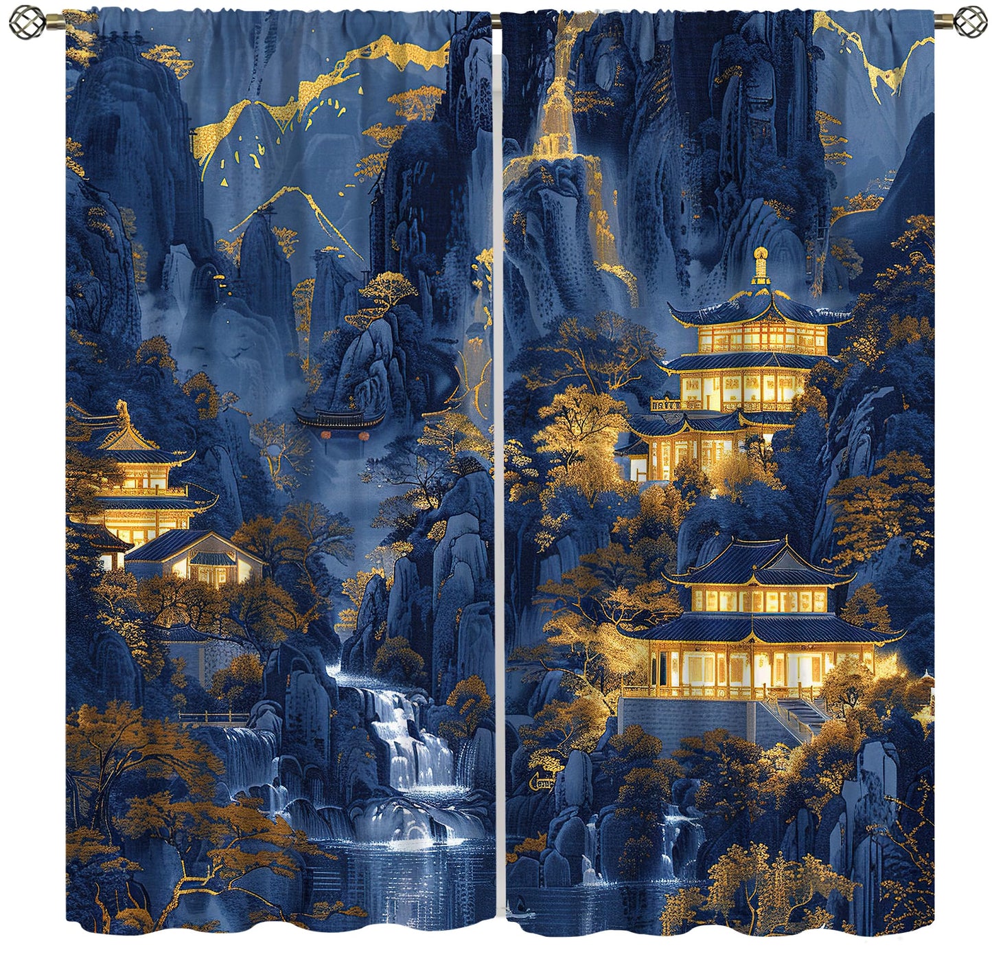 VUMIVI Oriental Landscape Curtains Retro House Gold-Threaded Blue Painting Traditional Chinese Art Rod Pocket Window Treatments for Bedroom Kitchen Living Dining Apartment Dorms Cafe 42" W X 44.5" L