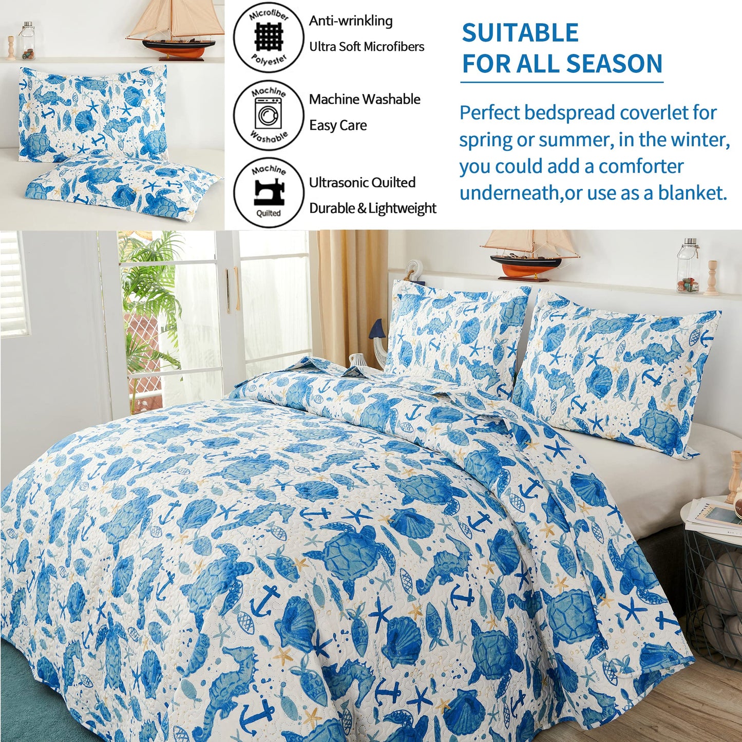 Coastal Beach Quilt Set - King Size Ocean Bedding Reversible Quilt - Lightweight Summer Bedsread Coverlet - Sea Turtle Blue