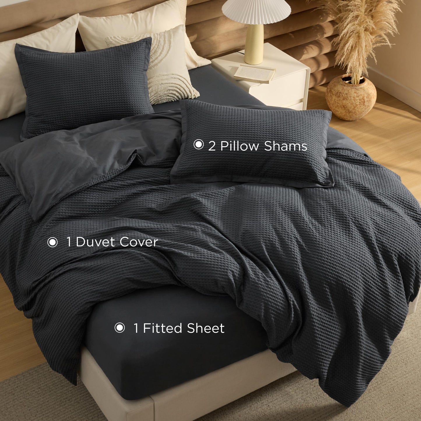 Bedsure 100% Cotton Duvet Cover Queen Size with Fitted Sheet - 4 Pieces Charcoal Waffle Weave Duvet Covers, PureWowen Breathable Bedding Set, 1 Duvet Cover 90x90, 1 Fitted Sheet, 2 Pillow Shams