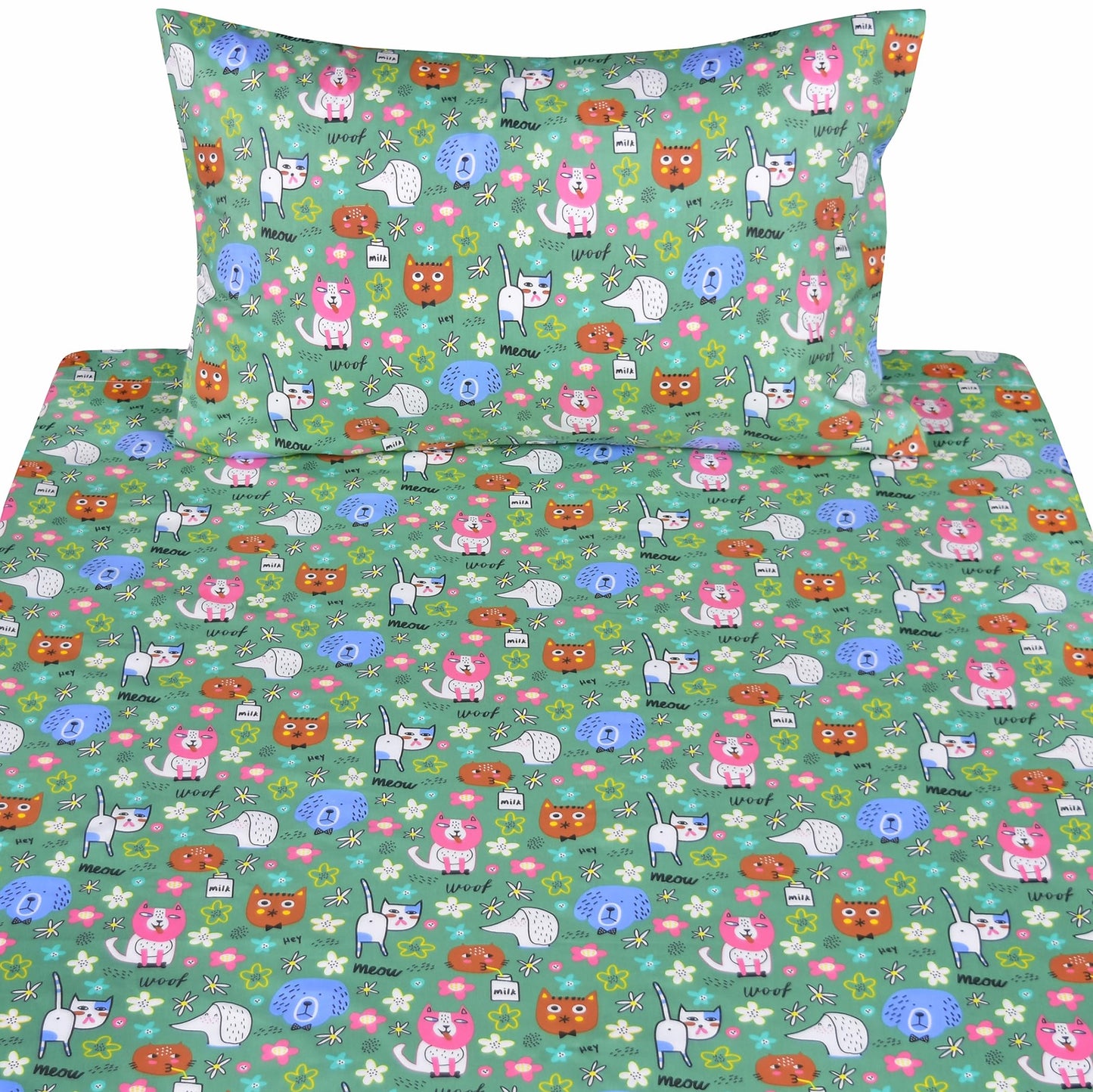 Scientific Sleep Cats Dogs Puppy Green Funny Free & Easy Vibrant Happy Fun 100% Cotton Cozy Twin Bed Sheet Set, Flat Sheet & Fitted Sheet & Pillowcase Boys Girls Kids Bedding Set