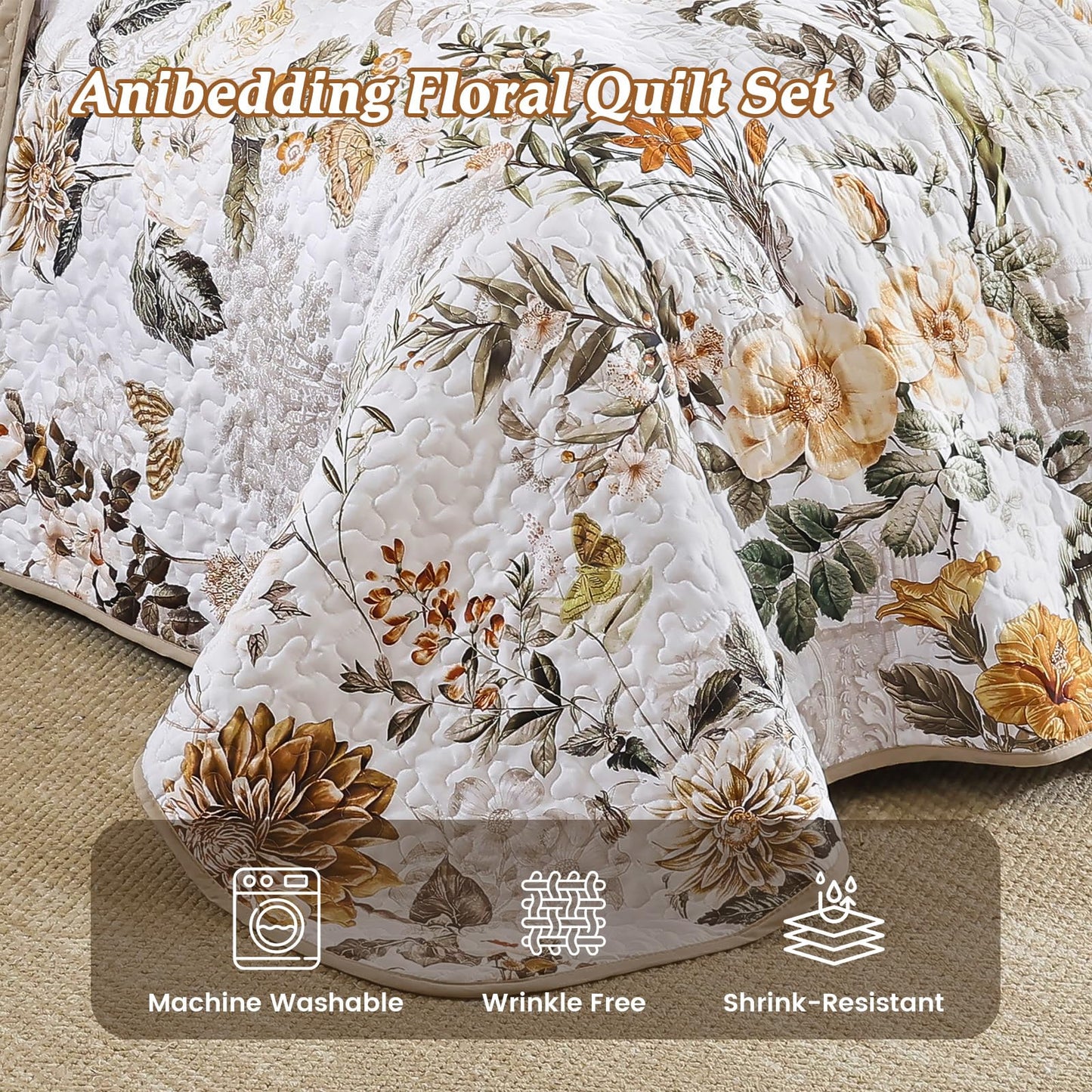 Anibedding Floral Quilt Set Queen Size,Brown Bontanical Quilt Queen Size,Garden Style Bedspread with Soft Lightweight Reversible Coverlet Set for All Season(96"x90")