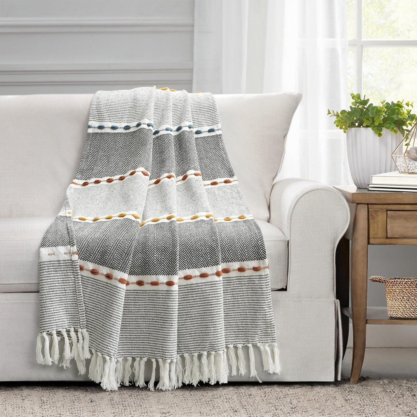 Lush Decor Herringbone Stripe Woven Tassel Yarn Dyed Cotton Throw Blanket 50" W x 60" L Black & Multi - Striped Throw Blankets - Black Couch Blanket
