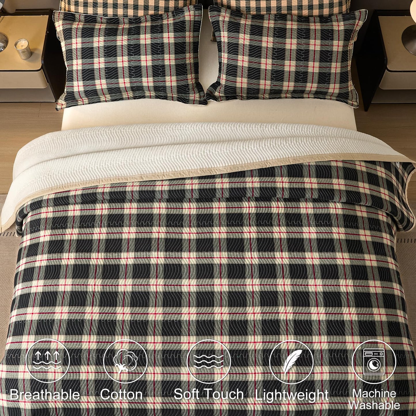 tohrisa Cotton Plaid Quilt Set, Ultra Soft 3 Pieces Queen Size Bedding with 2 Pillow Shams, Lightweight Reversible Coverlet Bedspread with Wave Quilting for Summer, 90"x96", Grid- Black Red