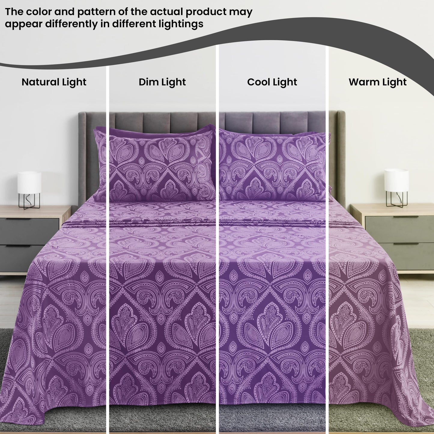 Ultra Soft Wrinkle-Free Microfiber Paisley Twin XL Sheet Set, Cute Floral Pattern Boho Print – 16" Deep Pocket Fitted Sheet, Flat Sheet & 2 Pillowcases, Breathable, OEKO-TEX - Purple