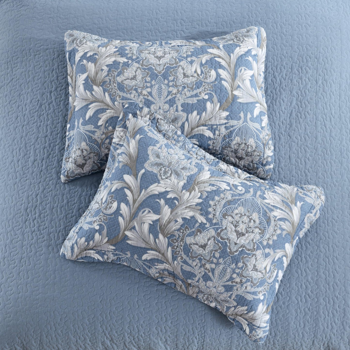 BCOTTOND King Size Quilt Set - Dusty Blue and Gray Quilt Set King, 100% Cotton Floral Bedspread Set 3 Piece, Classic Damask Bedspread, Reversible Lightweight Quilt Bedding Set
