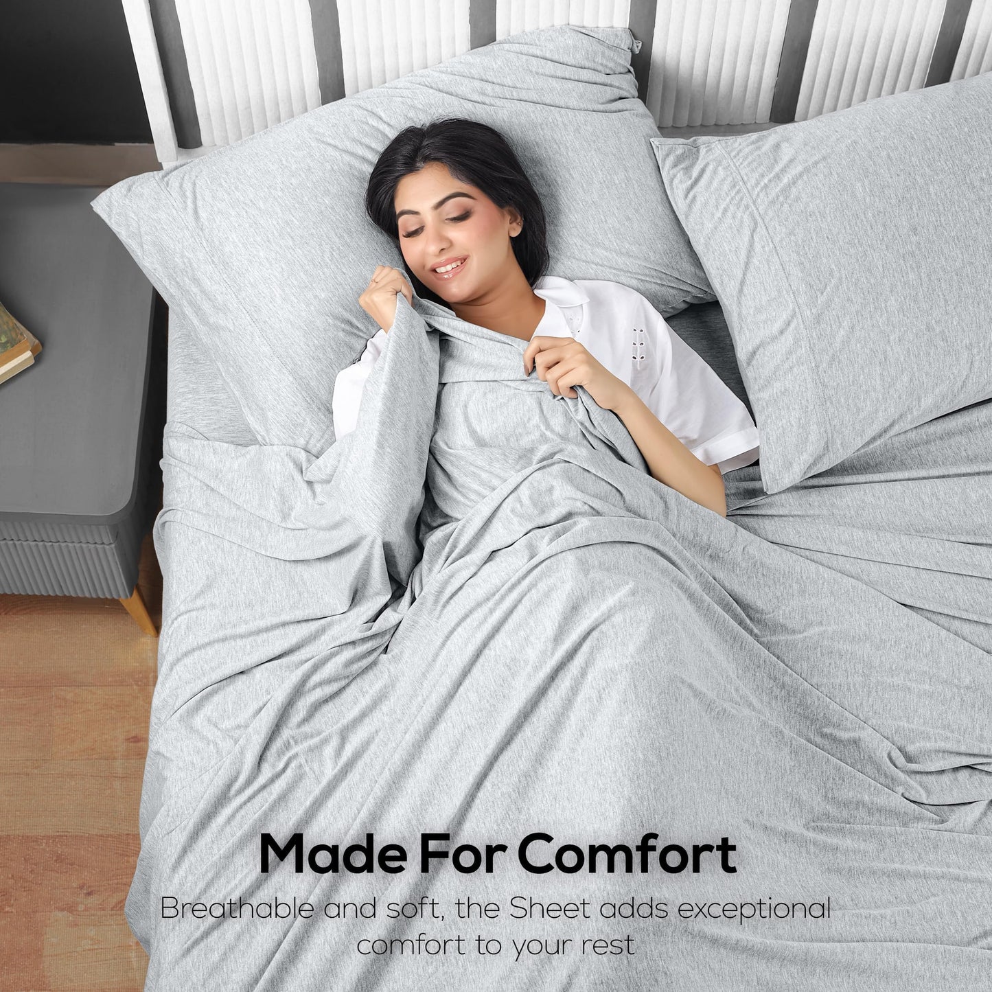 Utopia Bedding Jersey Knit King Sheets Set – 4 Piece Cotton Jersey Sheets, Ultra Soft T-Shirt Feel, Breathable & Stretchy Bed Sheet Set, Heather Light Grey