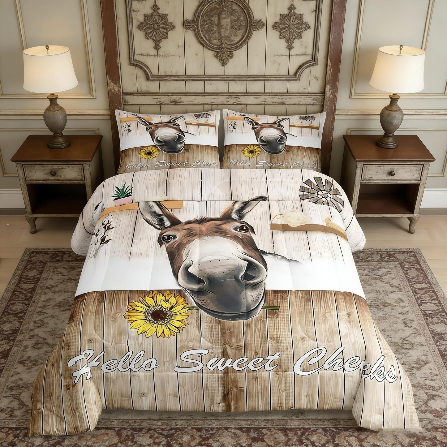 Manfei Cute Donkey Comforter Set Twin Size, Farm Animal Theme Bedding Set 2pcs for Kids Boys Teens Bedroom Decor, Rustic Style Wooden Stripe Print Quilt Set with 1 Pillowcase