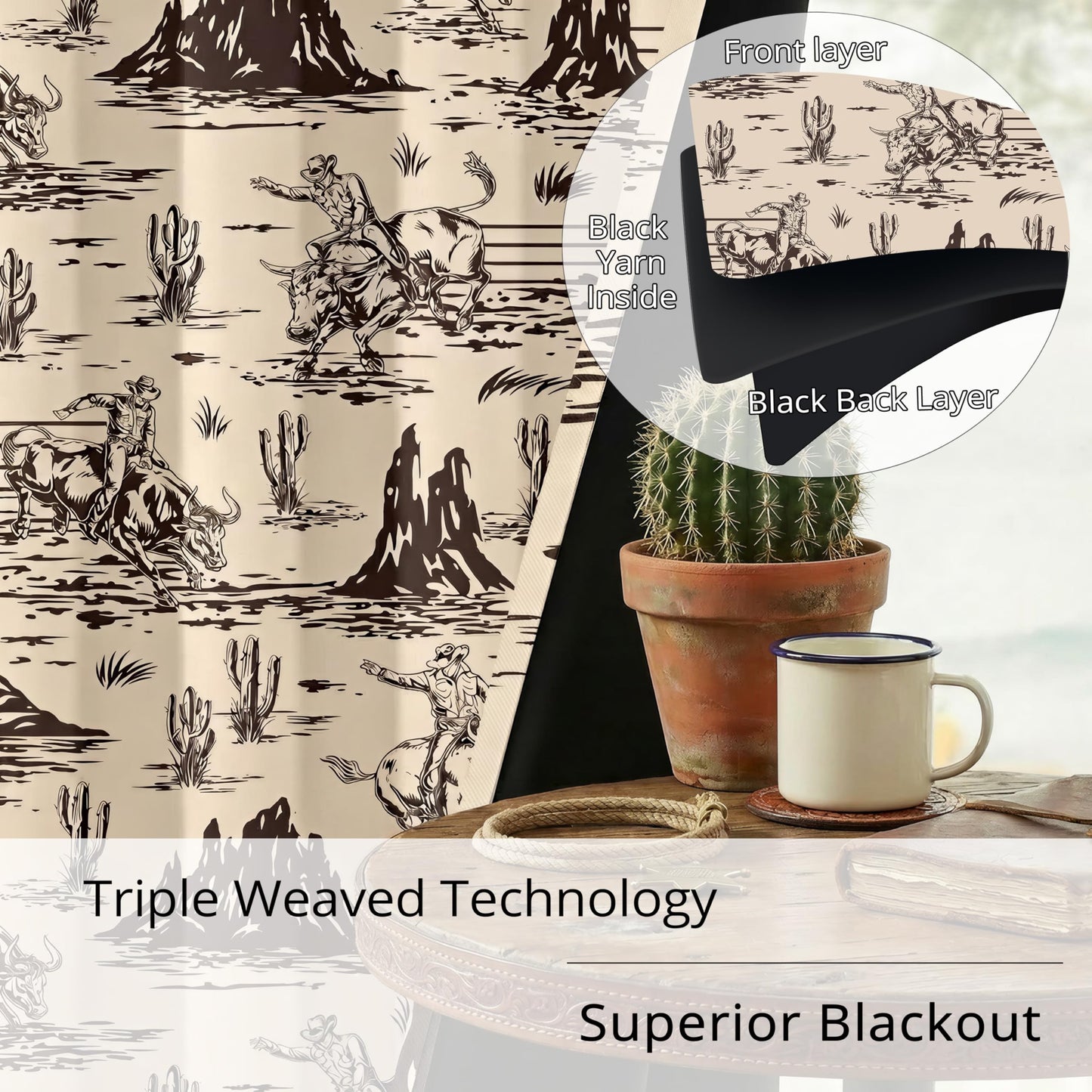Western Cowboy Blackout Curtains – 100% Blackout Rustic Western Rodeo & Cowboy Design, Thermal Insulated Noise Reducing for Bedroom, Living Room & Man Cave (Desert Cowboy Sketch, W52xL84, 2 Panels)