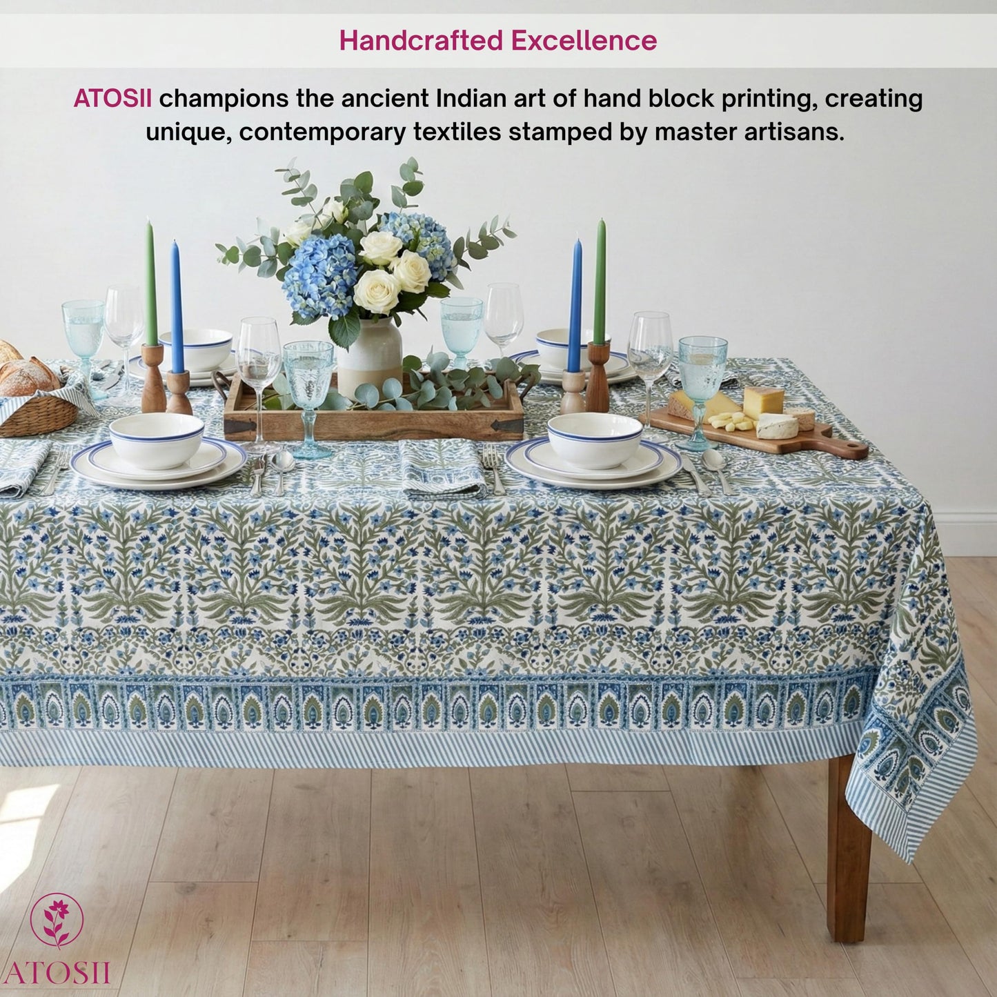 ATOSII Nargis Blue 100% Cotton Rectangle Summer Tablecloth, Indian Block Print Floral Table Cloth I Dining Parties Weddings Outdoors Holidays 60 X 90 Inches 6 Seater I Grandmillennial Farmhouse Boho