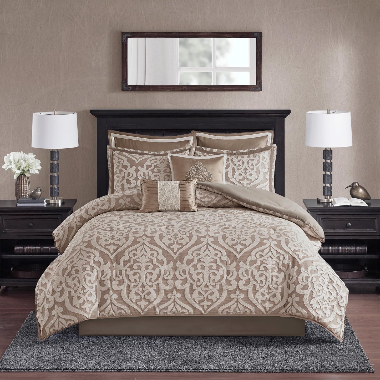 Madison Park Odette Cozy Comforter Set Jacquard Damask Medallion Design - Modern All Season, Down Alternative Bedding, Shams, Decorative Pillow, King(104 in x 92 in), Tan 8 Piece