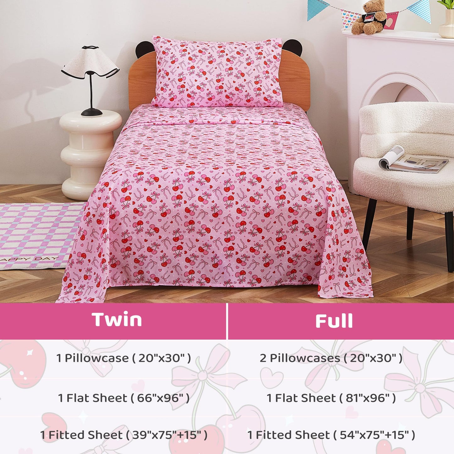 Viviland 3 Pieces Girls Bow Cherry Twin Sheet Set - Soft Microfiber Fitted Flat Sheets & Pillowcase Bed Sheet Set - Pink Bedding Sets for Kids
