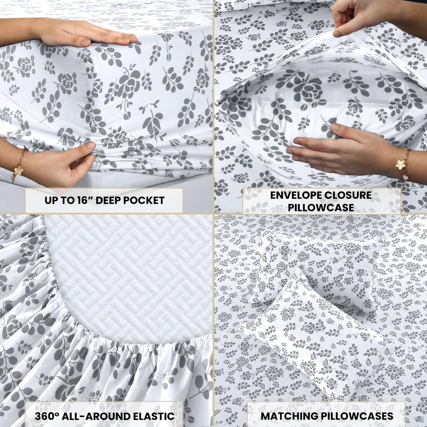 LUX Décor Floral Twin Sheet Set - 3 Piece Ultra-Soft Microfiber Bed Sheets with Flat Sheet, 16 Inches Deep Pocket Fitted Sheet & Pillowcases, Breathable, Bedroom Decor, Oeko-TEX - White Grey