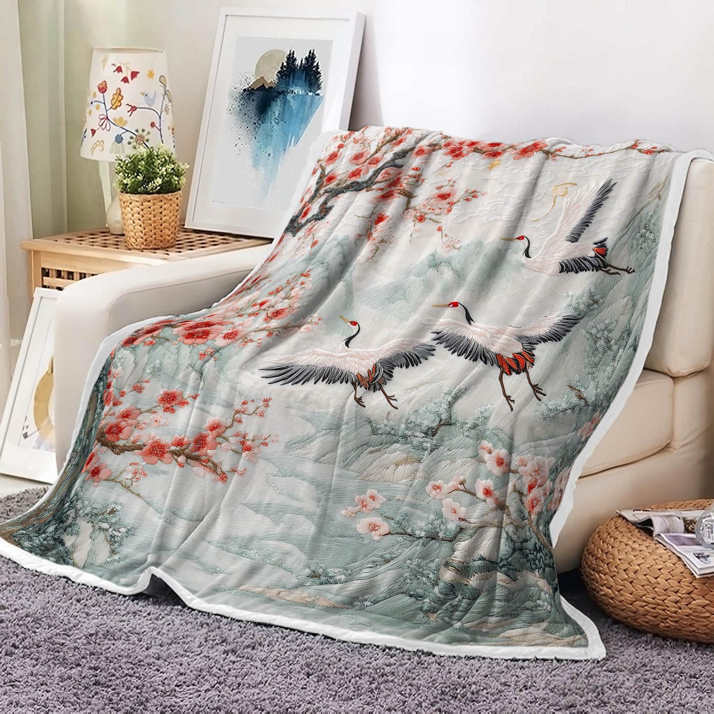 DYNH Asian Nature Landscape Crane Throw Blanket,Cherry Blossom Mountain Floral Bird Blanket for Adult Women Girls Teens, Asian Anime Plush Cozy Fuzzy Travel Blankets for Couch Bed,Multi1,50X60