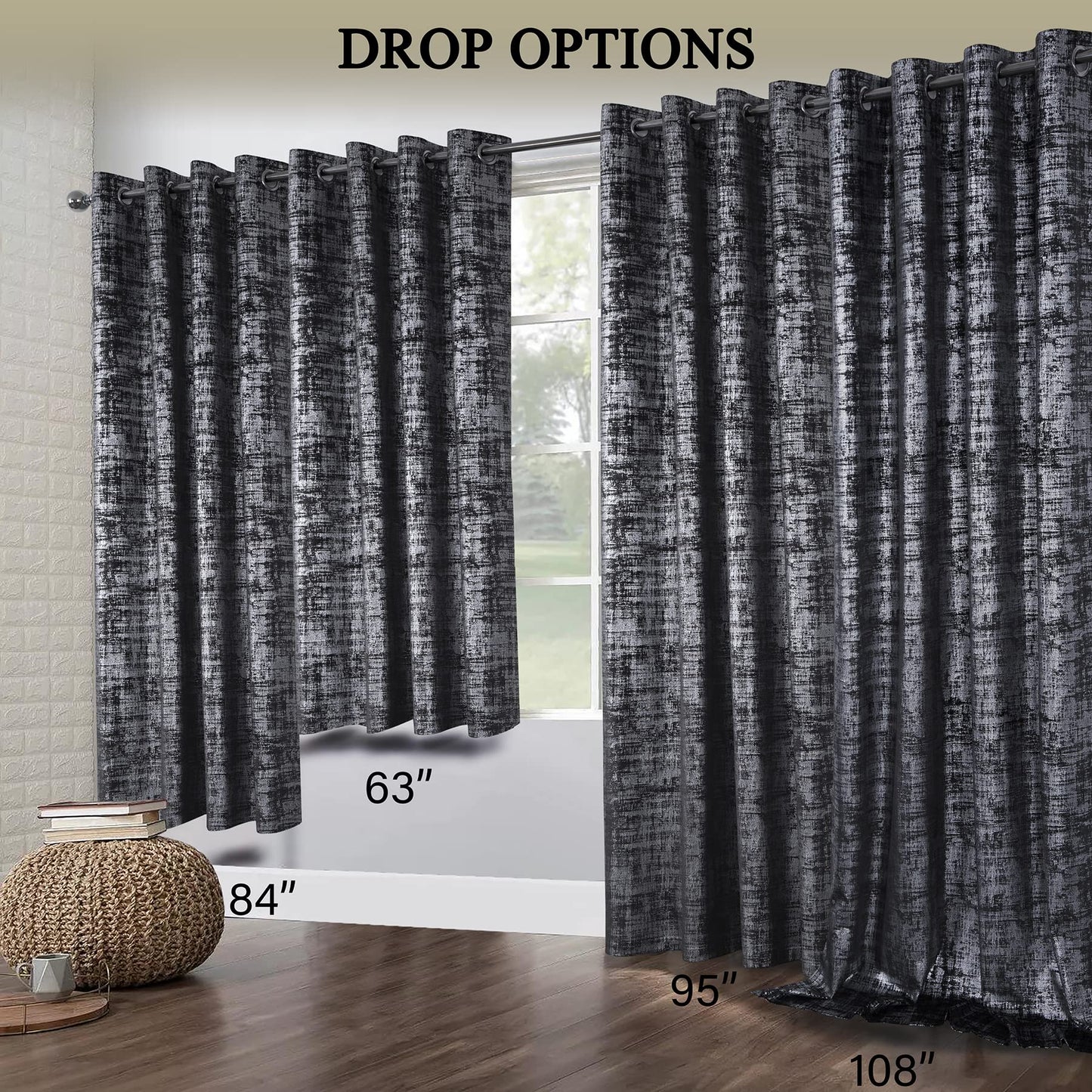 always4u Soft Velvet Curtains 95 Inch Length Luxury Bedroom Curtains Silver Foil Print Window Treatments for Living Room Set of 2 Charcoal Grey