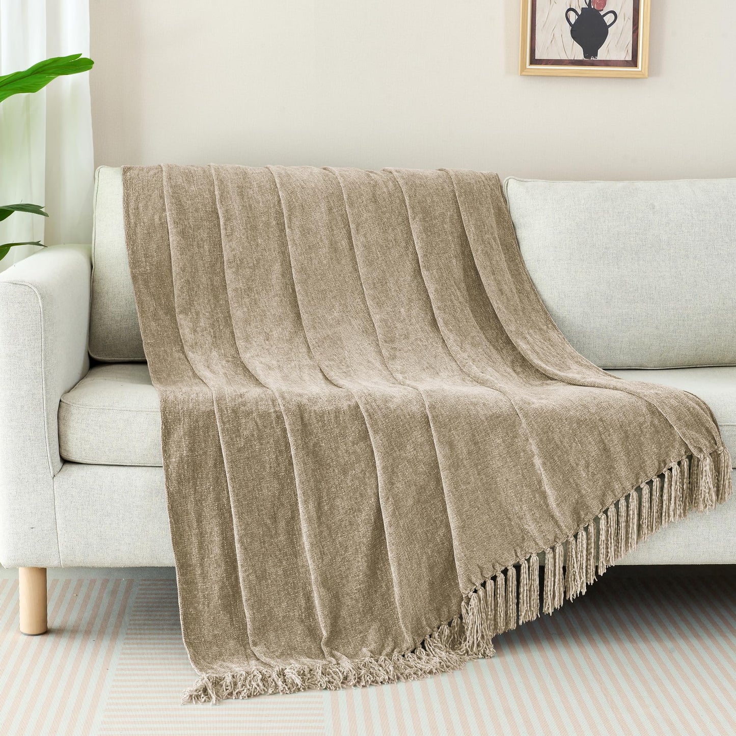 GINAMUSE Chenille Throw Blanket for Couch with Tassels,50"X60" Soft Cozy Lightweight Knitted Boho Decorative Blankets for Bed and Sofa,Taupe