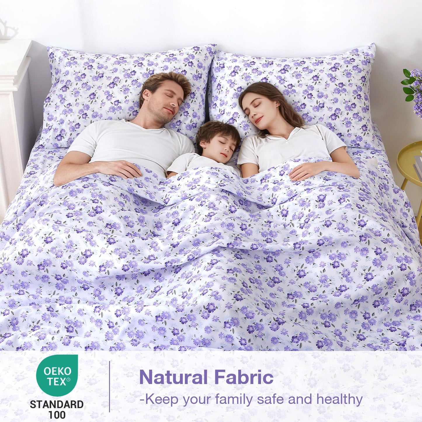 Softan Puple Floral Full Sheet Set, 4-Piece Microfiber Printed Fitted Sheet with 15" Deep Pockets & Non-Slip Straps, White Flower Patterned Double Bedding Sheets & Pillowcase Set
