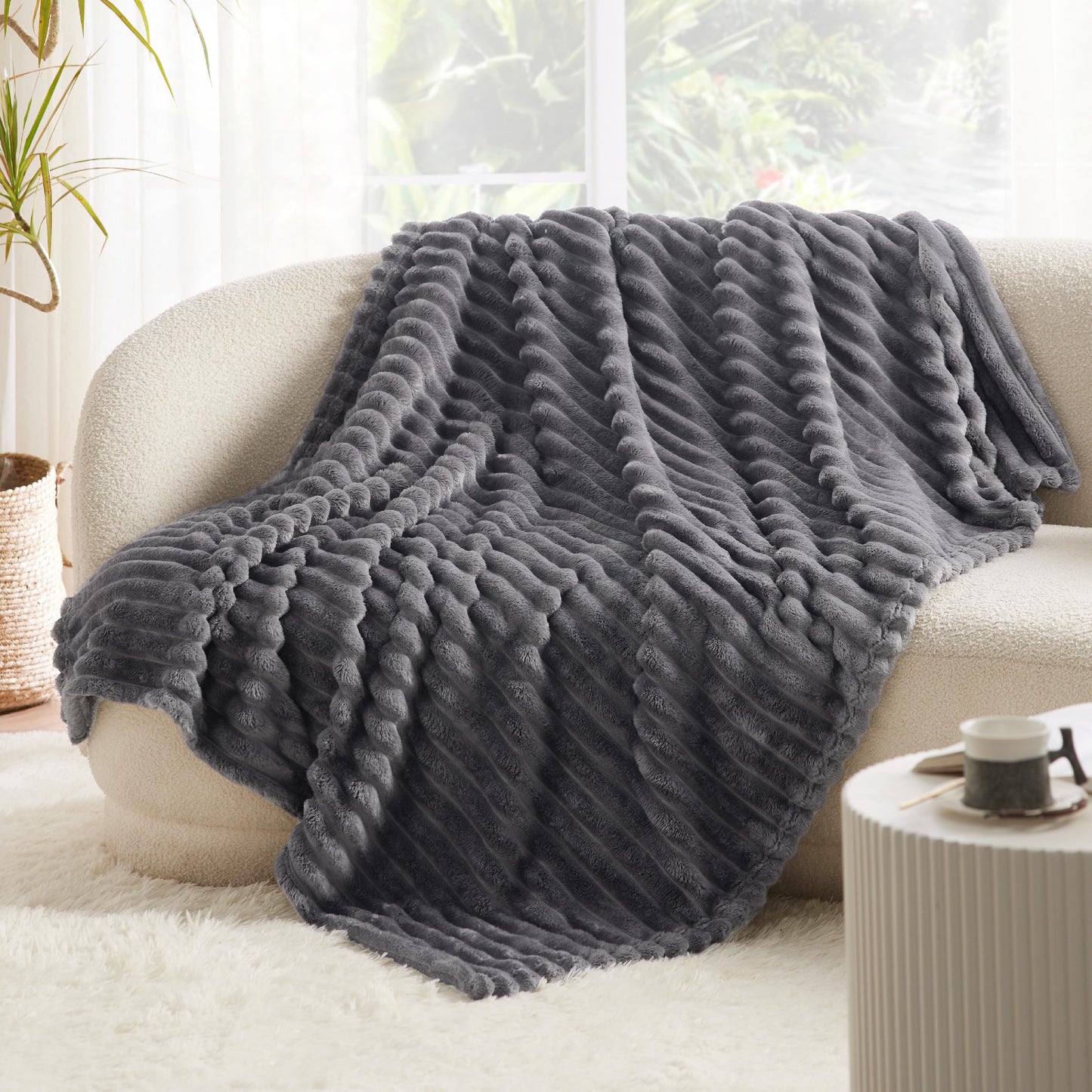 Bedsure Fleece Blanket Throw Size (Dark Grey & Beige)