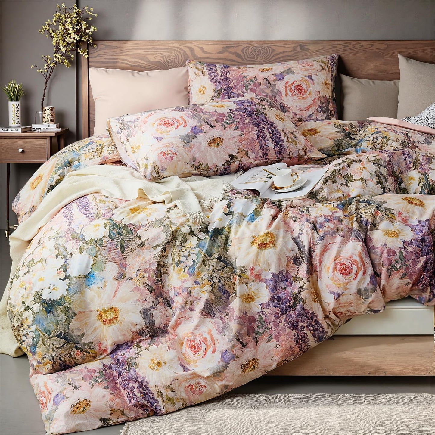 Cozaline 100% Cotton Duvet Cover King Size – Romantic Garden Impressionist Floral Duvet Cover Set with Zipper Closure, 3-Piece Luxury & Soft Bedding Set for All Seasons