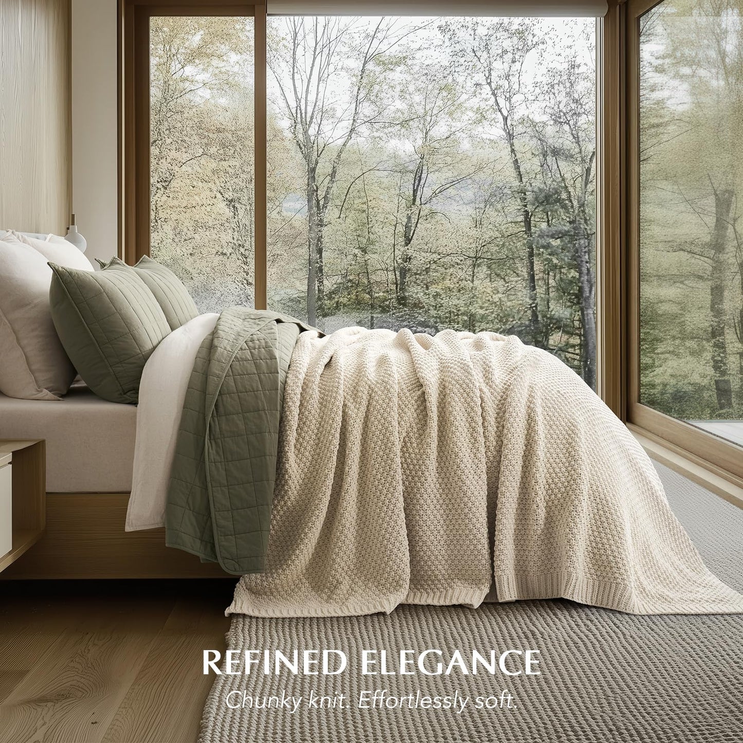 EVERGRACEHOME Chunky Chenille Knit Throw Blanket for Couch, Soft Luxurious Oversized Queen Moss Stitch Blanket for Bed, Cozy Farmhouse Knitted Throw for Sofa, Beige, 90" x 90"