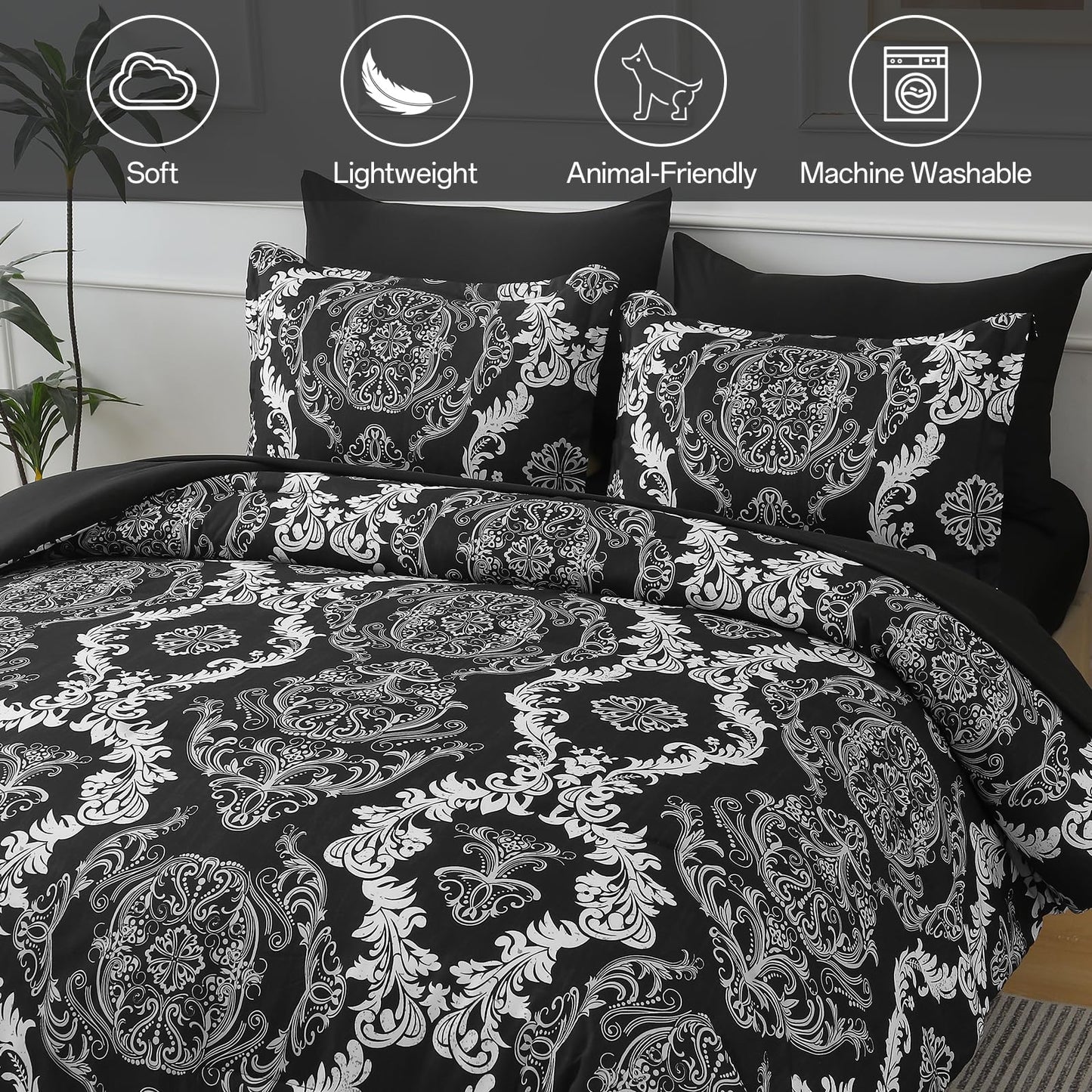WONGS BEDDING 7 Pieces Comforter Set Queen Size, Black White Texture Bedding Set for All Season, Damask Soft and Breathable Bed in a Bag with Comforter, Flat Sheet, Fitted Sheet, Pillowcases & Shams