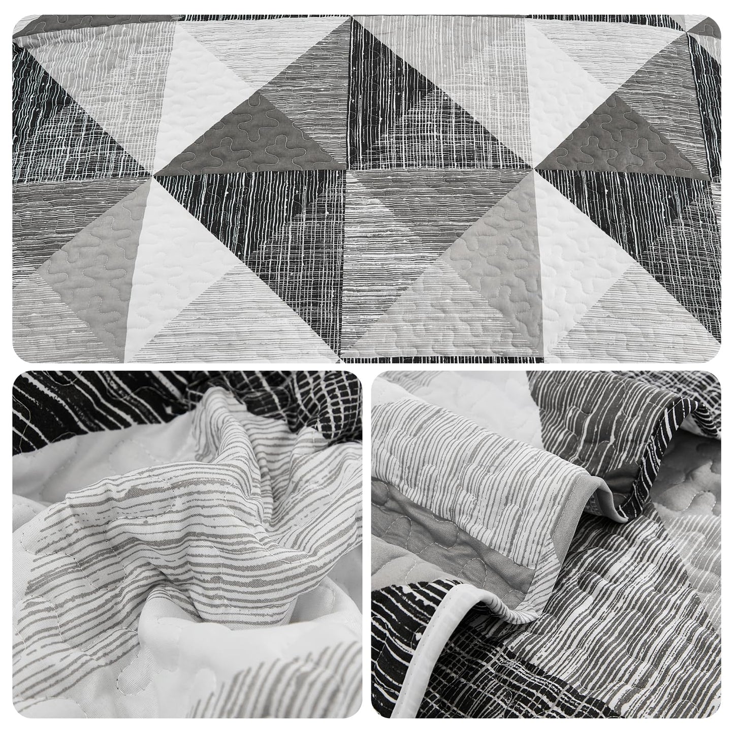 Dintszyayue Quilt Queen Size Grey, 3 Pieces Patchwork Bedspread Bedding for Queen Size Bed, Soft Lightweight Microfiber Geometric Coverlet Set for All Season Quilt with 2 Pillowcases