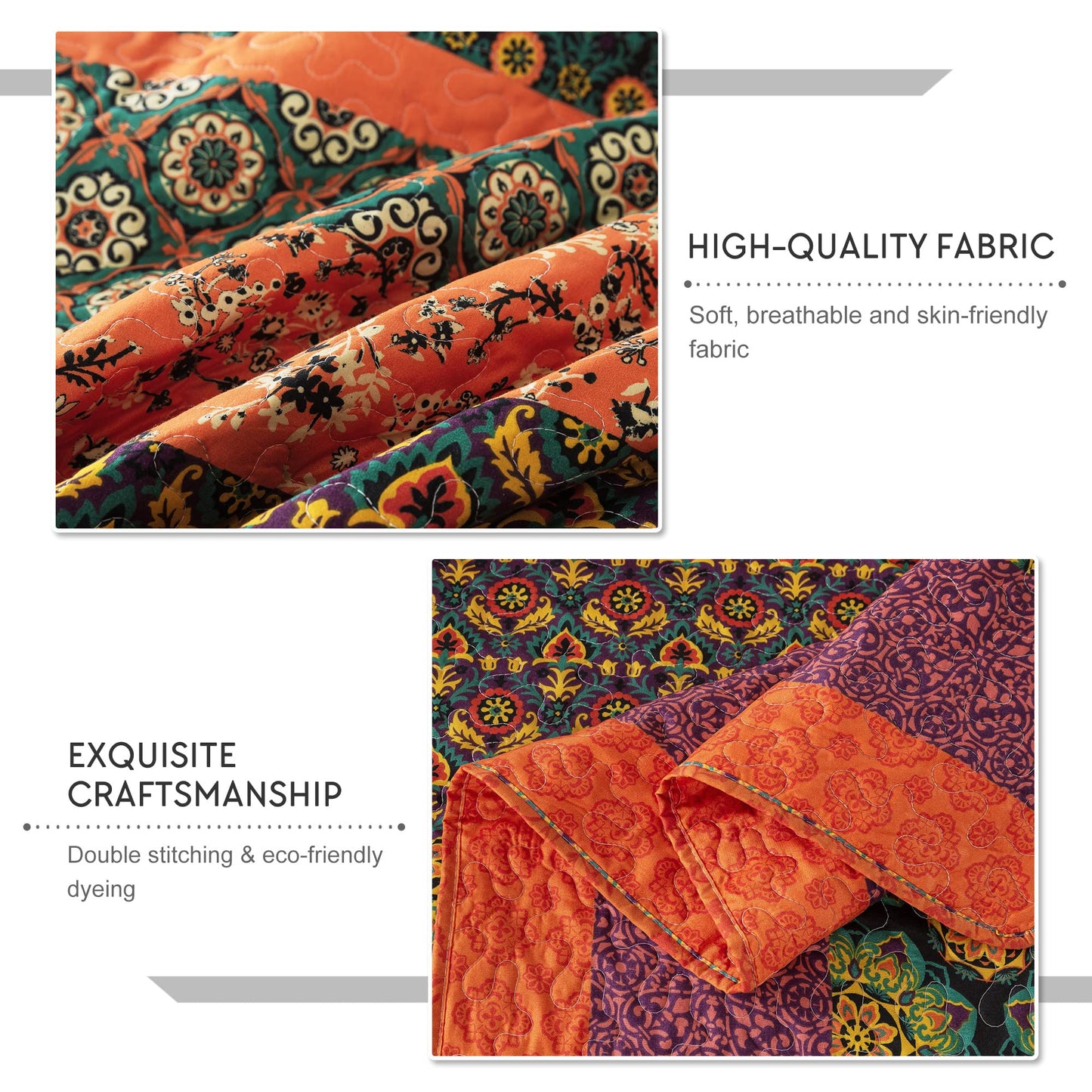 Travan Boho Stripe Quilt Sets Floral Printed Reversible Soft Bohemian Bedding Set with Shams for All Season, Orange Red Stripe, King Size