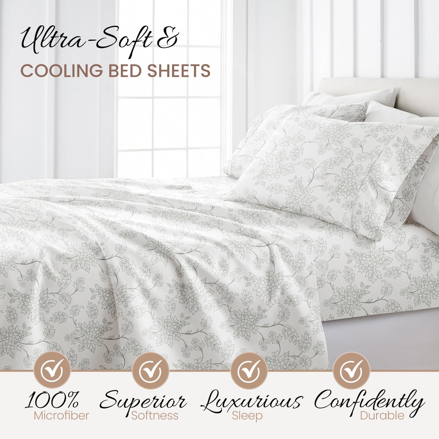 Simply Soft 4 Piece Sheet Set Vines Patterned, Full, Gray (SS-4PC-VINE-FULL-GR)