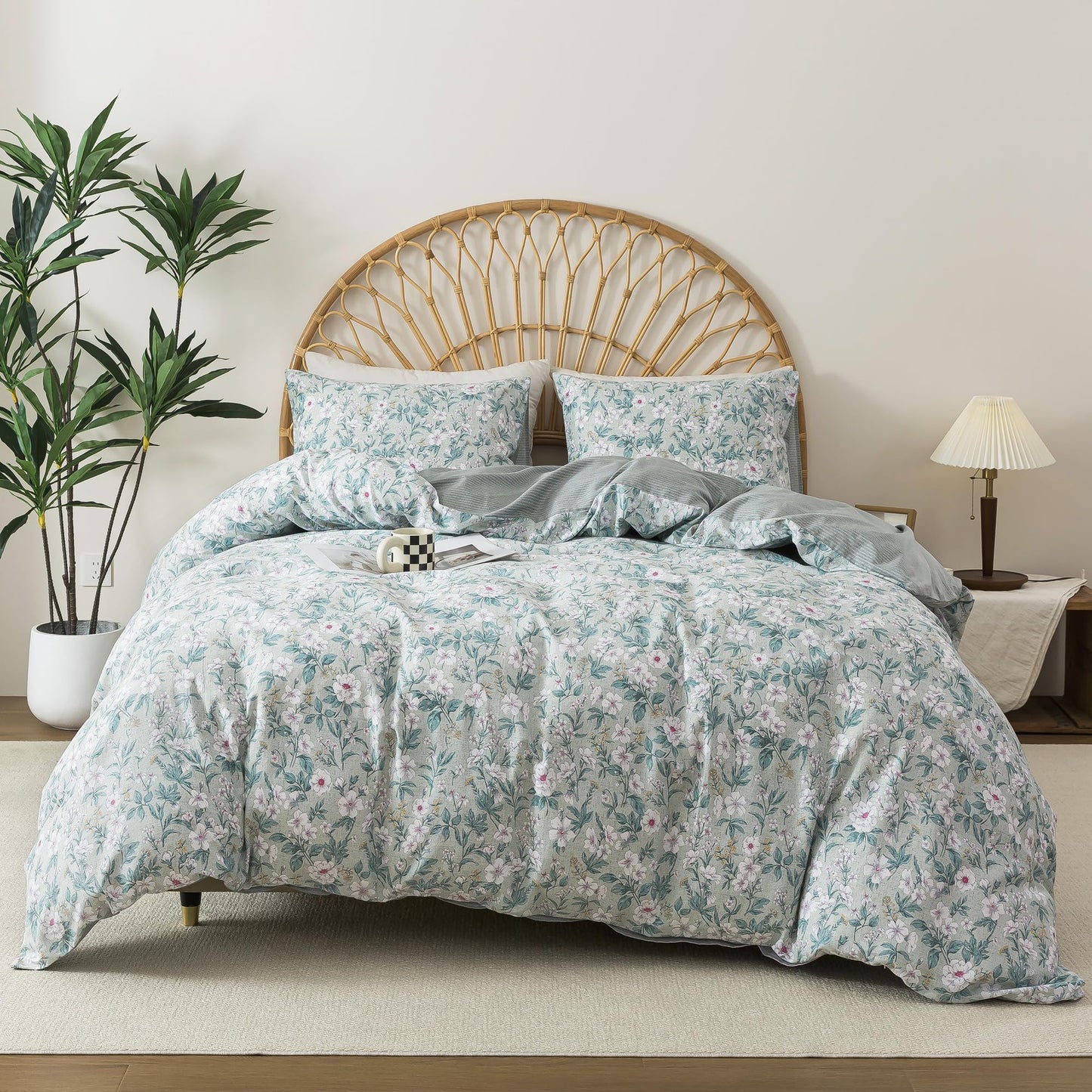 HoneiLife Botanical Duvet Cover King - 100% Cotton Comforter Cover 3-PC, Floral Bedlinen Set with Zipper Closure & Corner Ties, Wildflower Comforter Cover Sets, Greenery