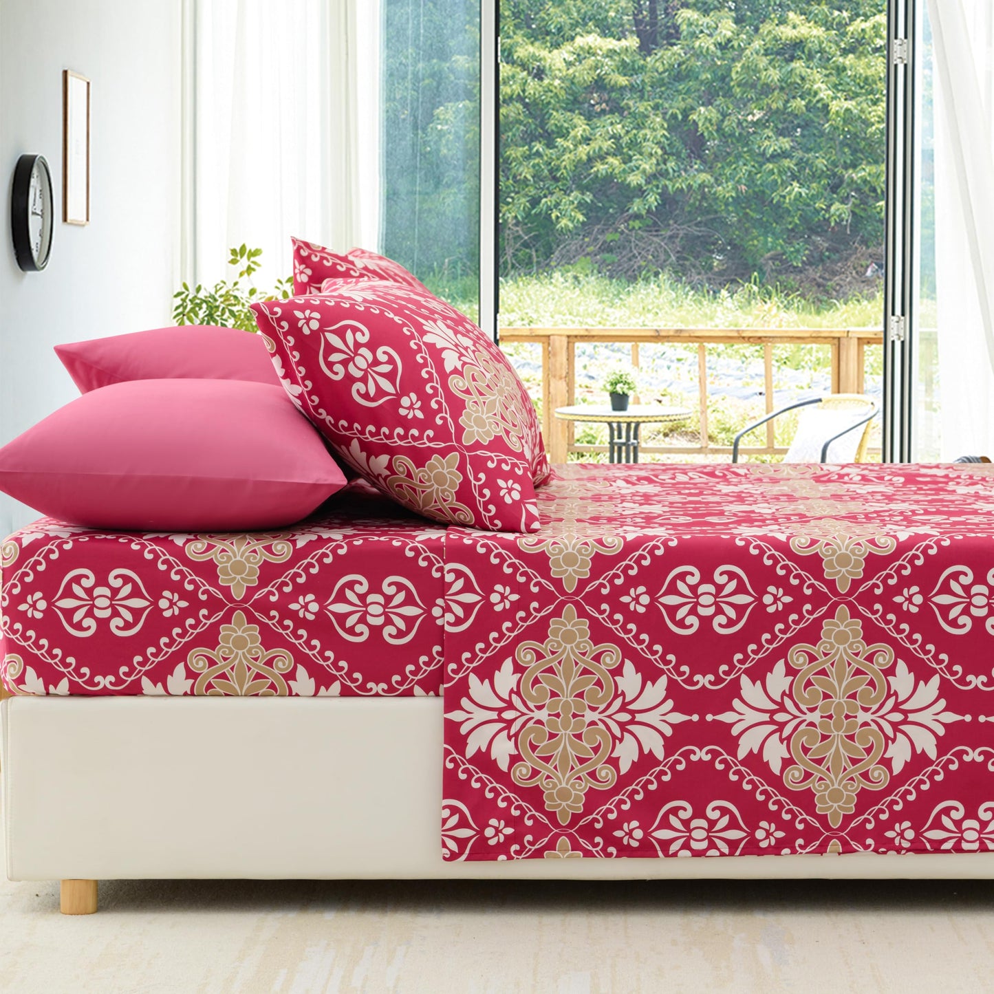 Spirit Linen home 6-Piece Twin Size Bed Sheet Set - Deep Pocket, Damask Print Design, Soft and Breathable Bed Sheets, Microfiber Material, Includes 1 Fitted, 1 Flat, 4 Pillowcases - Burgundy Damask